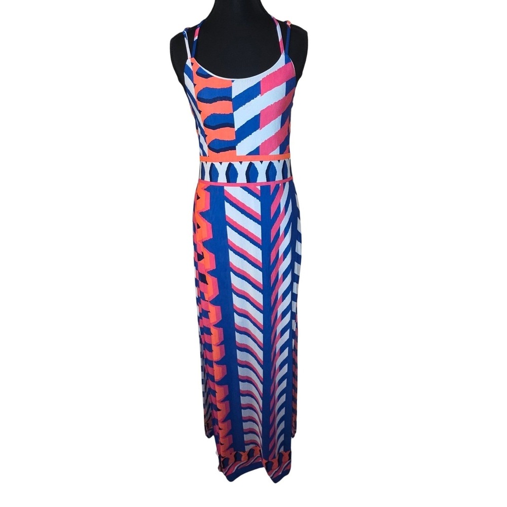 Silvergate Maxi Dress L Geometric Print Strappy Back Resort Vacation Slit